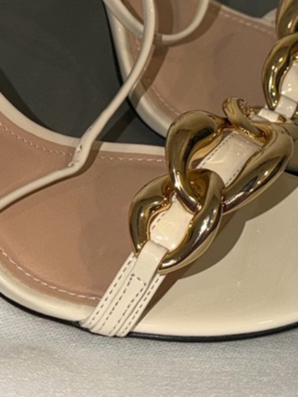 Cream Stiletto Sandals with Gold Chain Accent